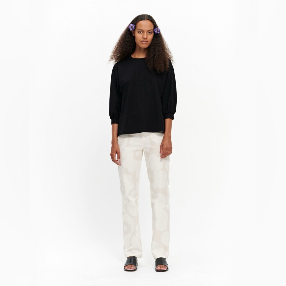 Marimekko Vitkastella Blouse Top Black Puff 3/4 Sleeve Classic Chic Soft Girl